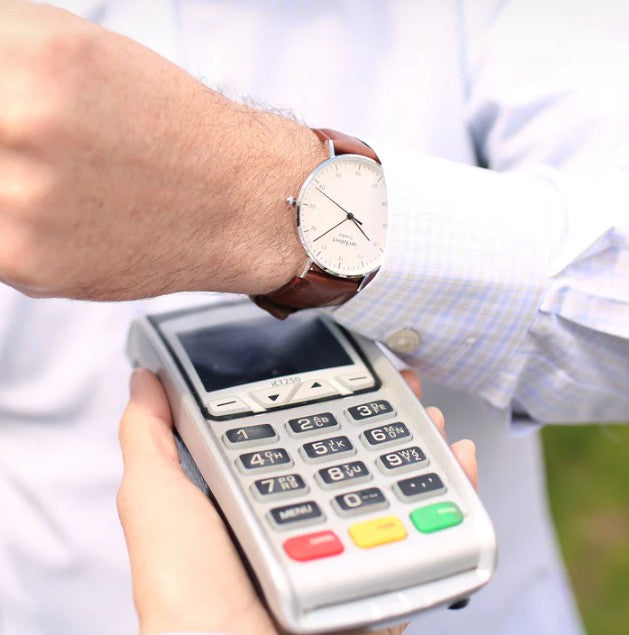 Contactless Payment Watch - Men's Architect Zephyr + Walnut Strap + Modern Font Engraving