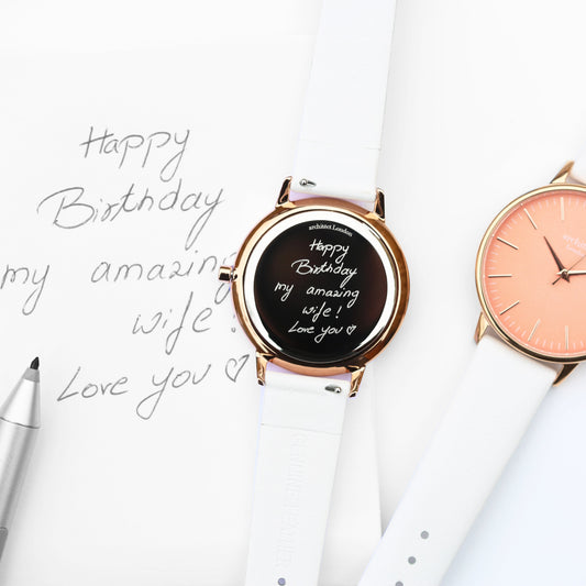 Ladies ArchitÄ“ct Coral - Handwriting Engraving + White Strap - Wear We Met