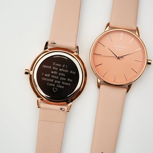 Ladies ArchitÄ“ct Coral - Modern Font Engraving + Light Pink Strap - Wear We Met