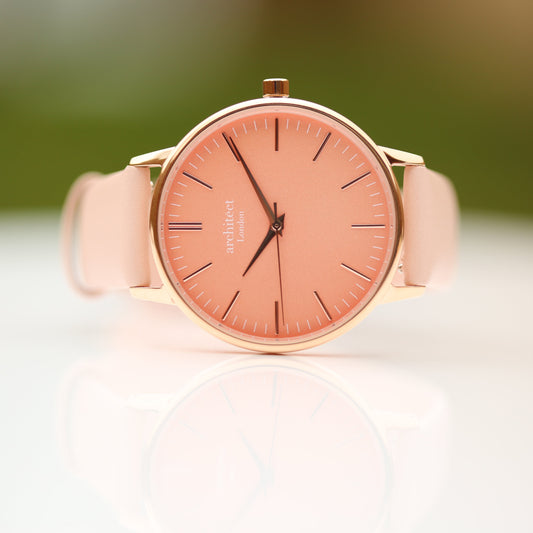 Ladies ArchitÄ“ct Coral - Handwriting Engraving + Light Pink Strap - Wear We Met