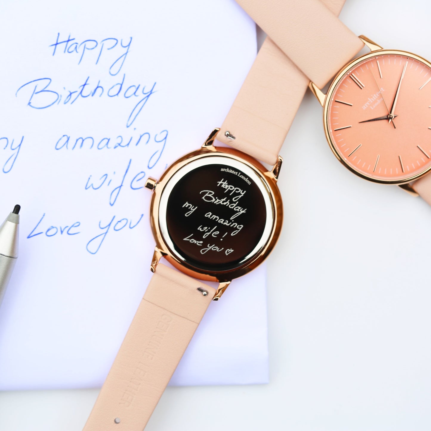 Ladies ArchitÄ“ct Coral - Handwriting Engraving + Light Pink Strap - Wear We Met