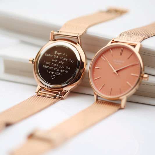 Ladies ArchitÄ“ct Coral - Modern Font Engraving + Rose Gold Mesh Strap - Wear We Met