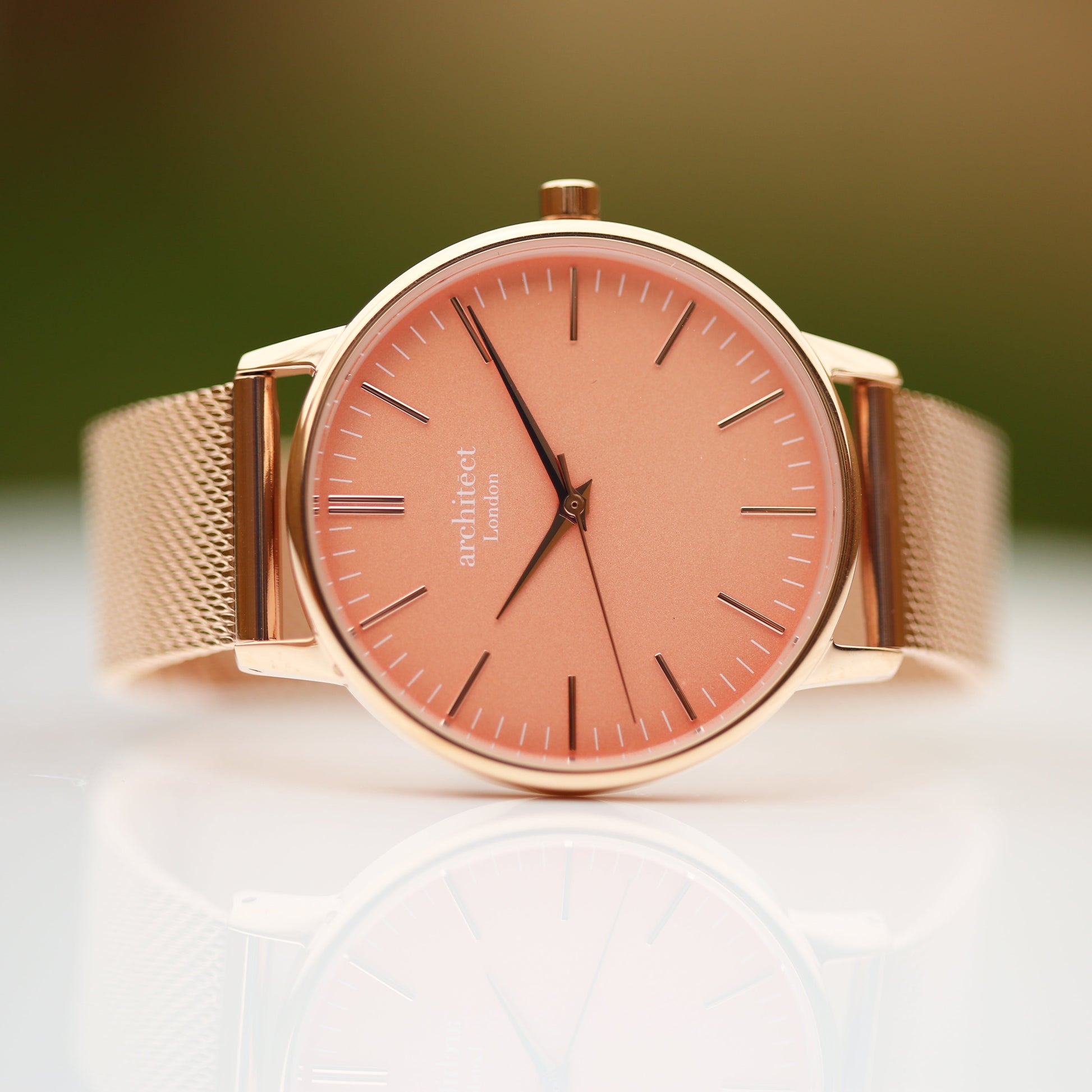 Ladies ArchitÄ“ct Coral - Modern Font Engraving + Rose Gold Mesh Strap - Wear We Met
