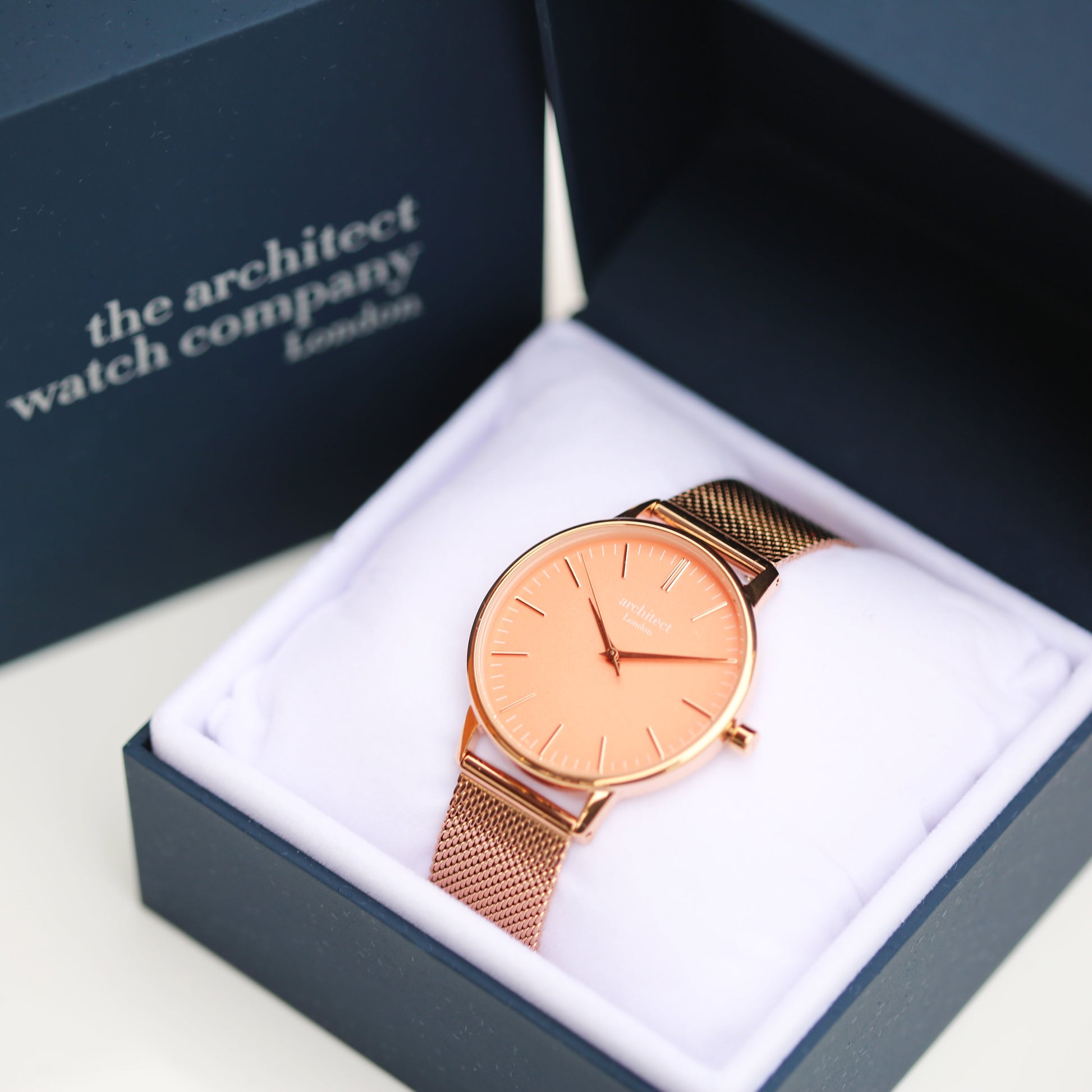 Ladies ArchitÄ“ct Coral - Modern Font Engraving + Rose Gold Mesh Strap - Wear We Met