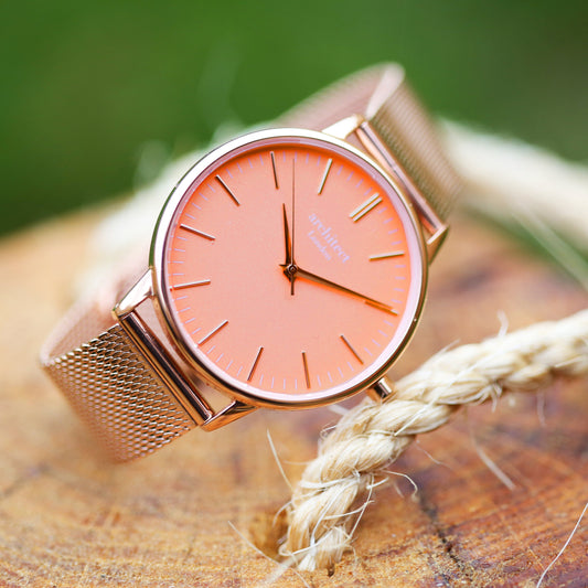 Ladies ArchitÄ“ct Coral - Handwriting Engraving + Rose Gold Mesh Strap - Wear We Met