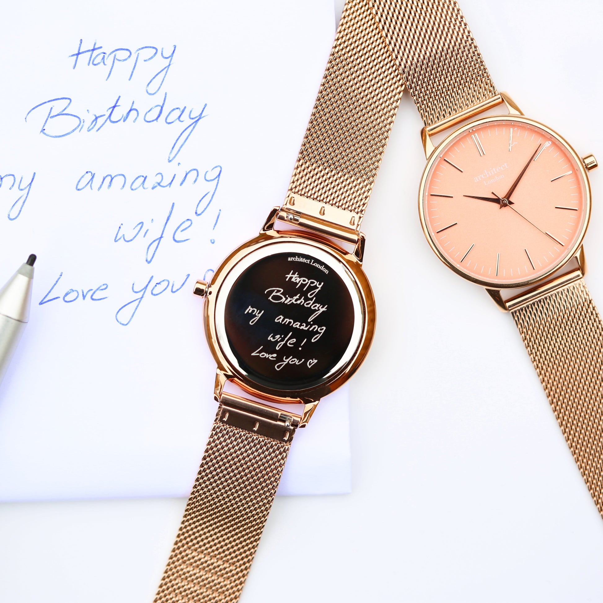 Ladies ArchitÄ“ct Coral - Handwriting Engraving + Rose Gold Mesh Strap - Wear We Met