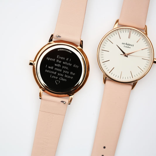 Ladies ArchitÄ“ct Blanc - Modern Font Engraving + Light Pink Strap - Wear We Met