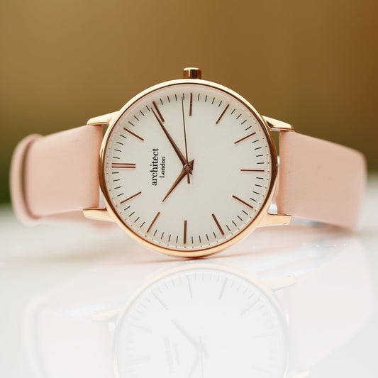 Ladies ArchitÄ“ct Blanc - Handwriting Engraving + Light Pink Strap - Wear We Met