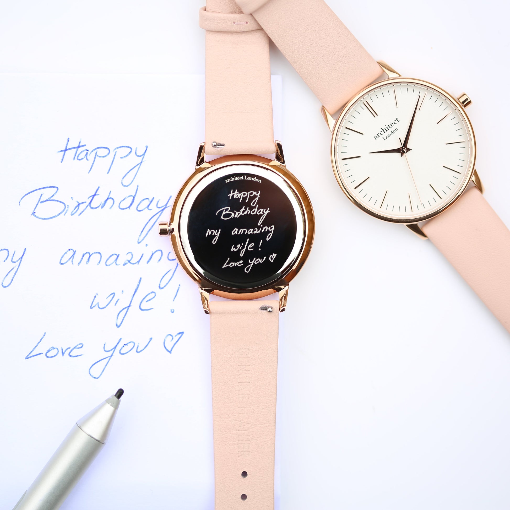 Ladies ArchitÄ“ct Blanc - Handwriting Engraving + Light Pink Strap - Wear We Met