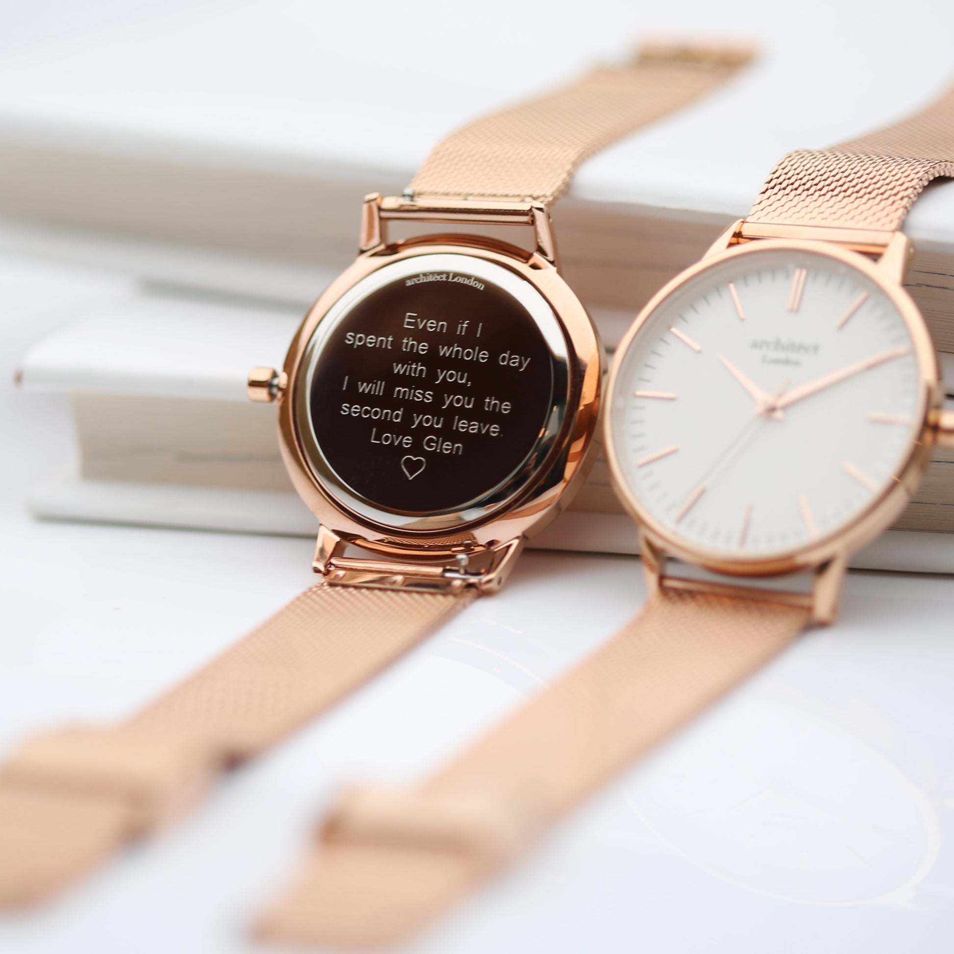 Ladies ArchitÄ“ct Blanc - Modern Font Engraving + Rose Gold Mesh Strap - Wear We Met