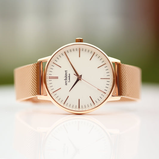Ladies ArchitÄ“ct Blanc - Modern Font Engraving + Rose Gold Mesh Strap - Wear We Met