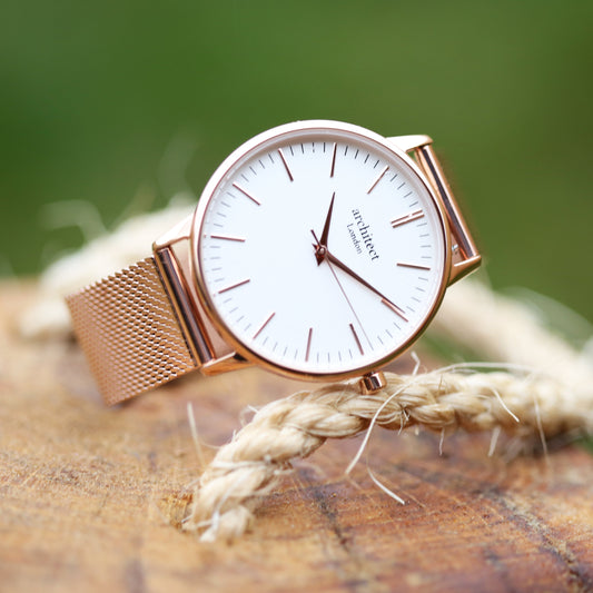 Ladies ArchitÄ“ct Blanc - Handwriting Engraving + Rose Gold Mesh Strap - Wear We Met