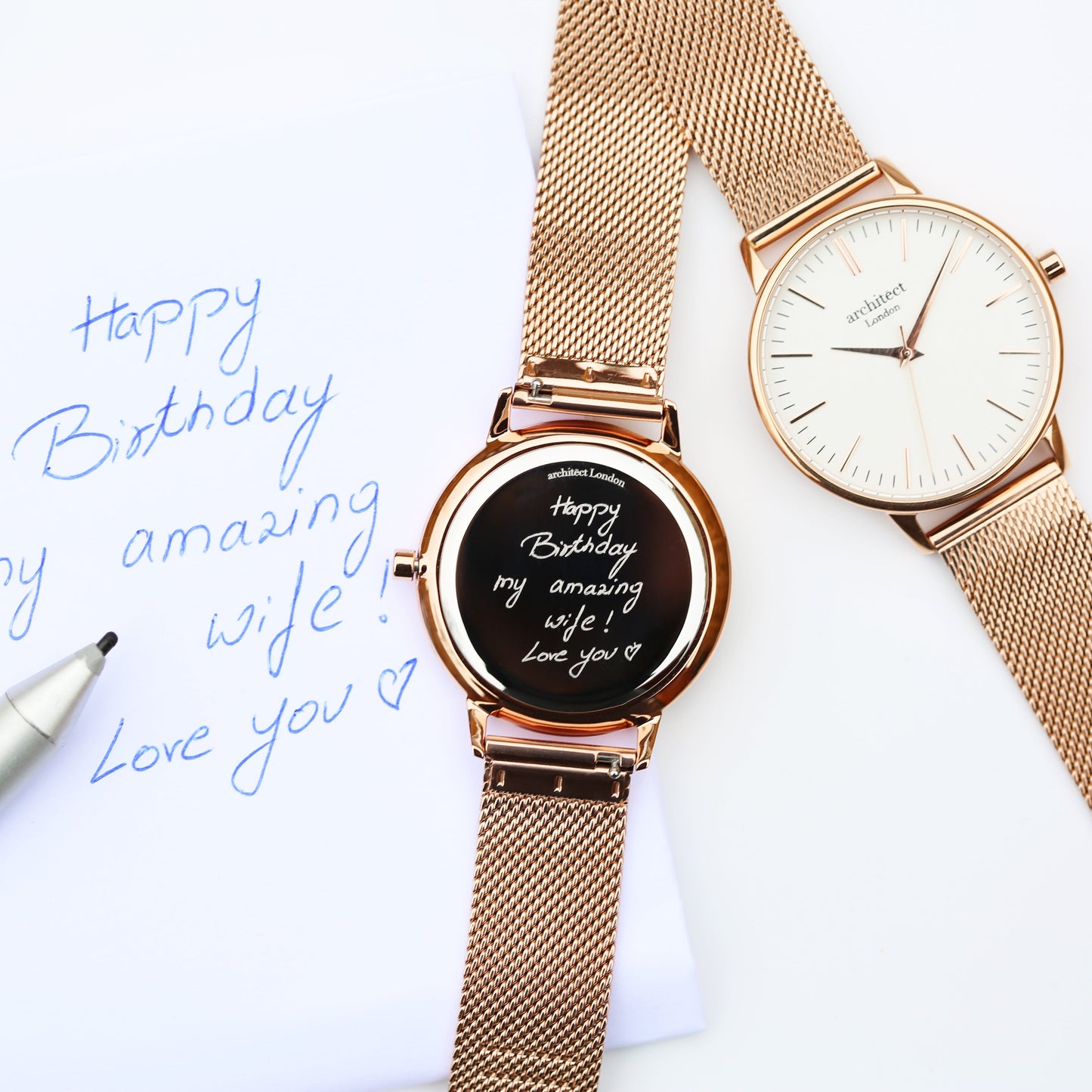 Ladies ArchitÄ“ct Blanc - Handwriting Engraving + Rose Gold Mesh Strap - Wear We Met