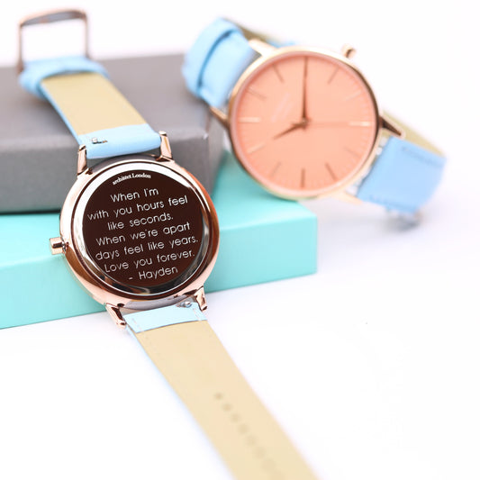 Ladies ArchitÄ“ct Coral - Modern Font Engraving + Light Blue Strap - Wear We Met