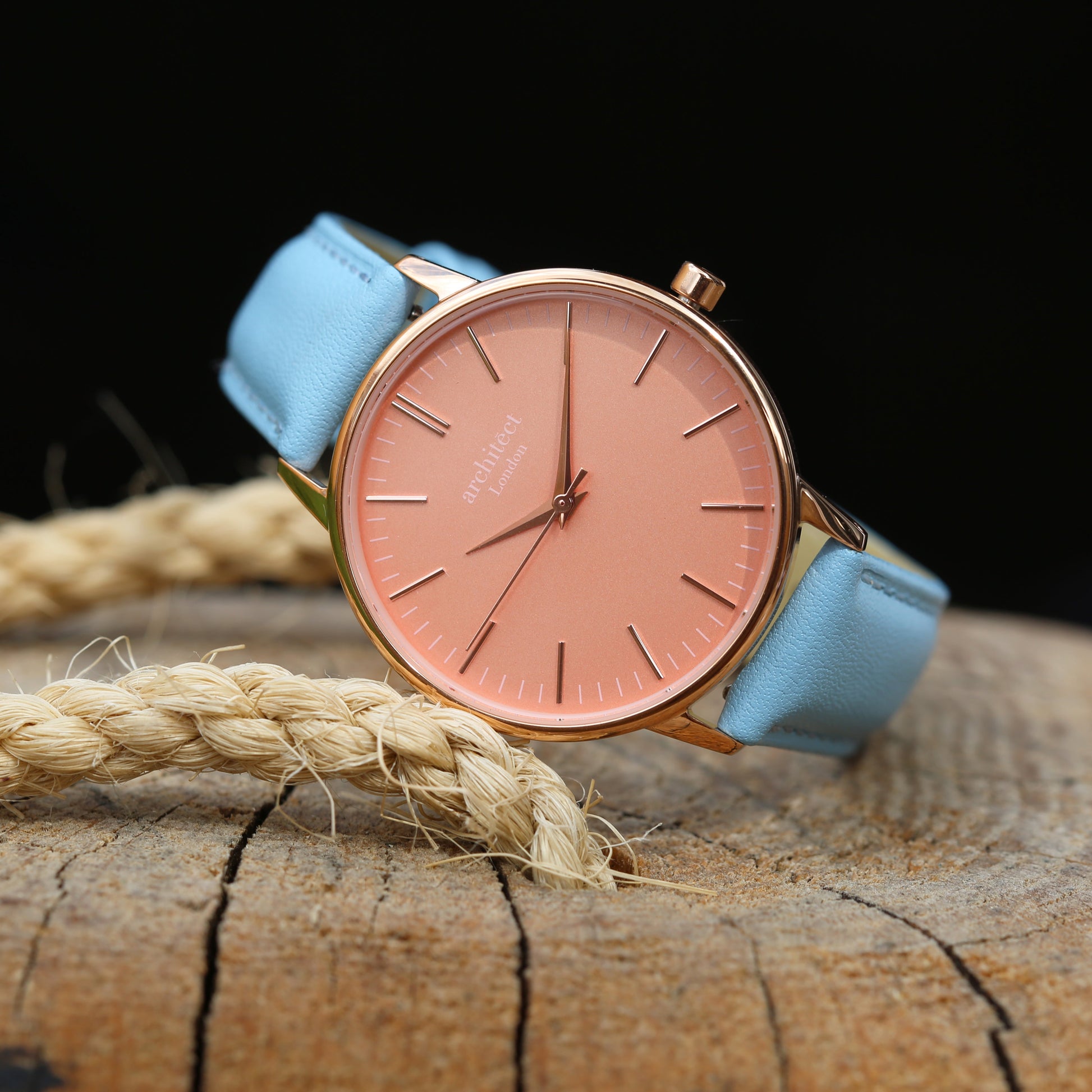 Ladies ArchitÄ“ct Coral - Modern Font Engraving + Light Blue Strap - Wear We Met