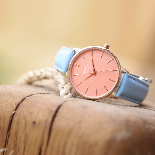 Ladies ArchitÄ“ct Coral - Handwriting Engraving + Light Blue Strap - Wear We Met