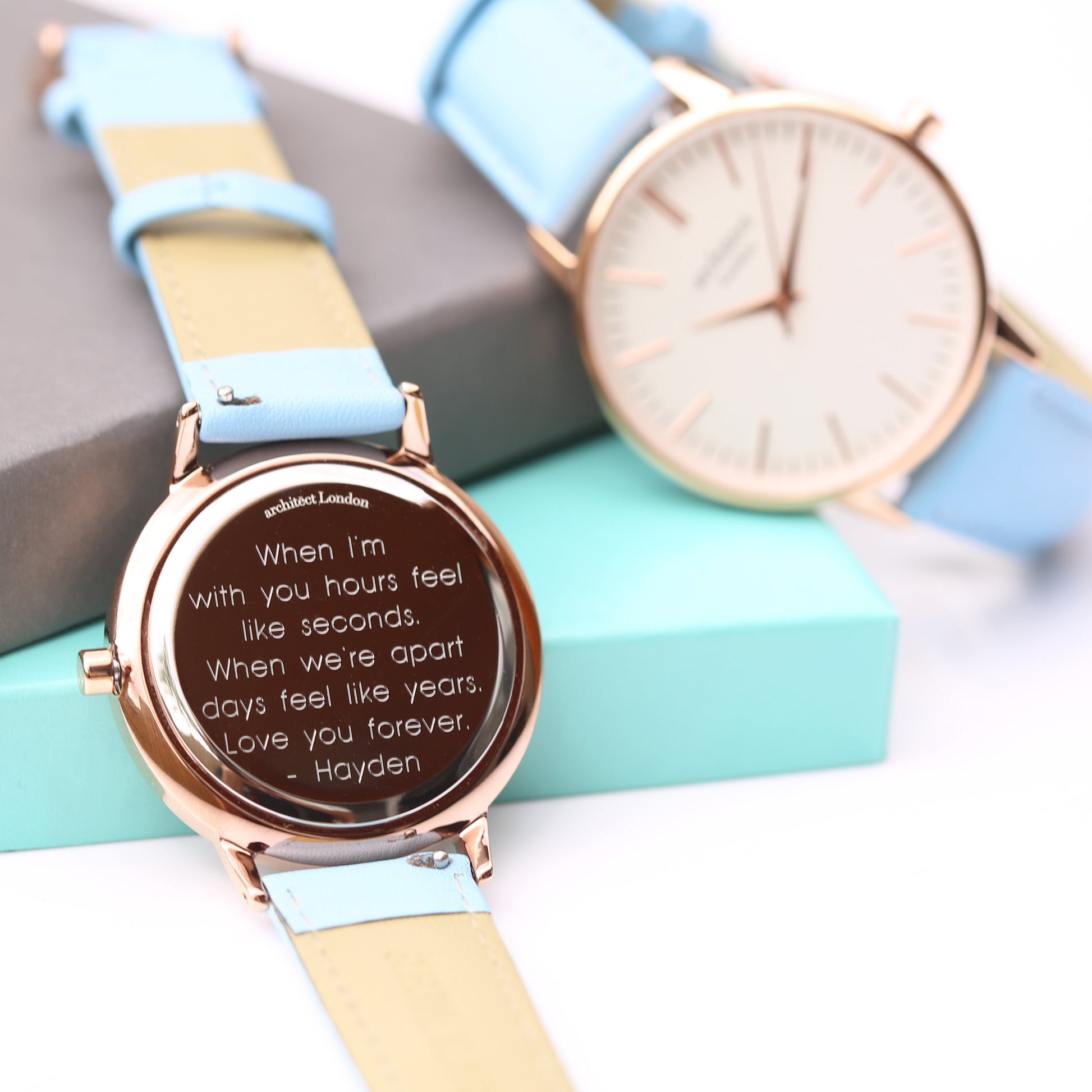 Ladies ArchitÄ“ct Blanc - Modern Font Engraving + Light Blue Strap - Wear We Met