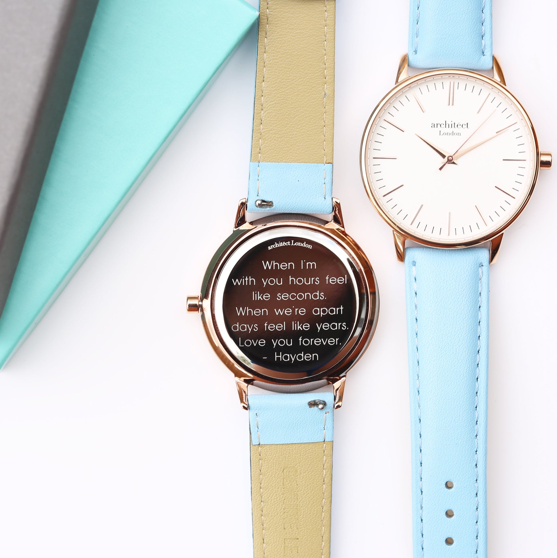 Ladies ArchitÄ“ct Blanc - Modern Font Engraving + Light Blue Strap - Wear We Met