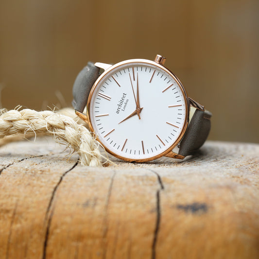 Ladies ArchitÄ“ct Blanc - Modern Font Engraving + Light Grey Strap - Wear We Met