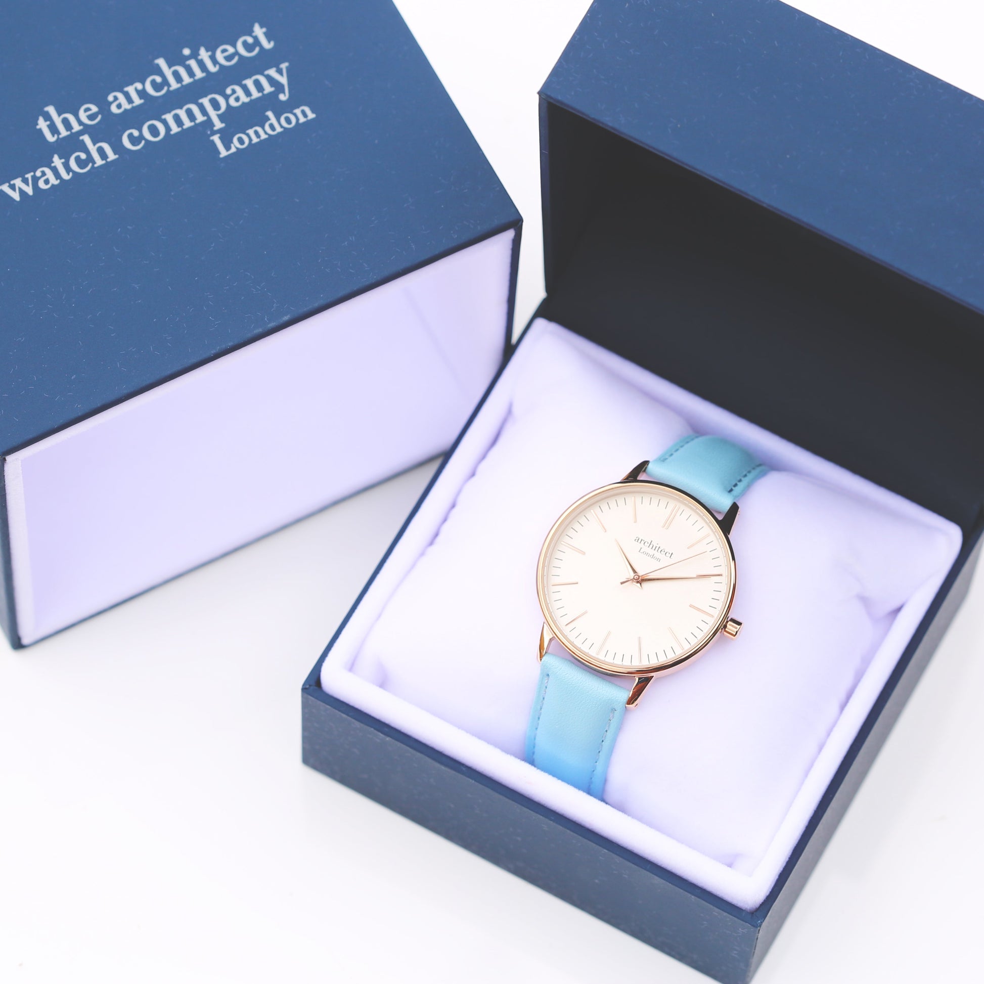 Ladies ArchitÄ“ct Blanc - Modern Font Engraving + Light Blue Strap - Wear We Met