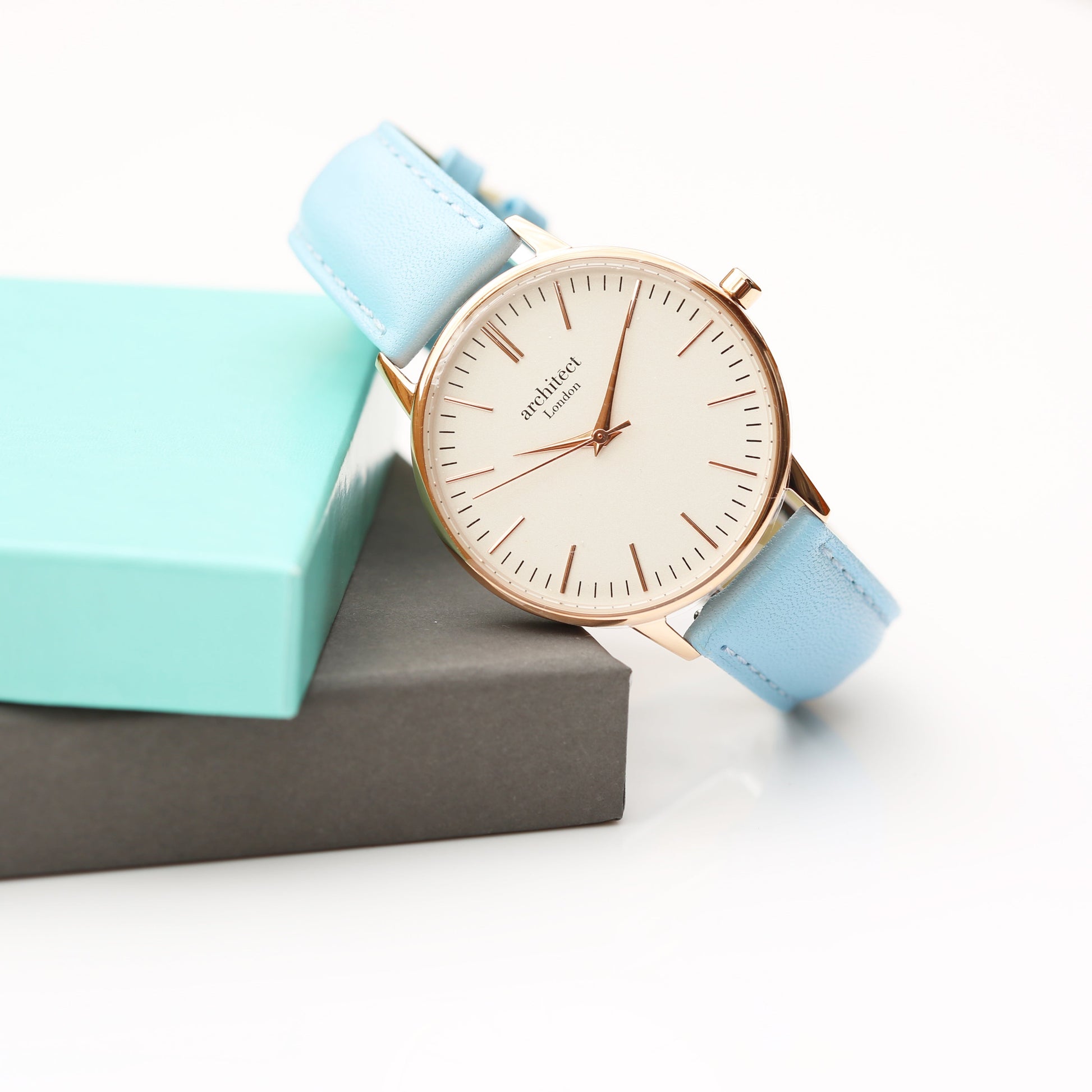 Ladies ArchitÄ“ct Blanc - Modern Font Engraving + Light Blue Strap - Wear We Met