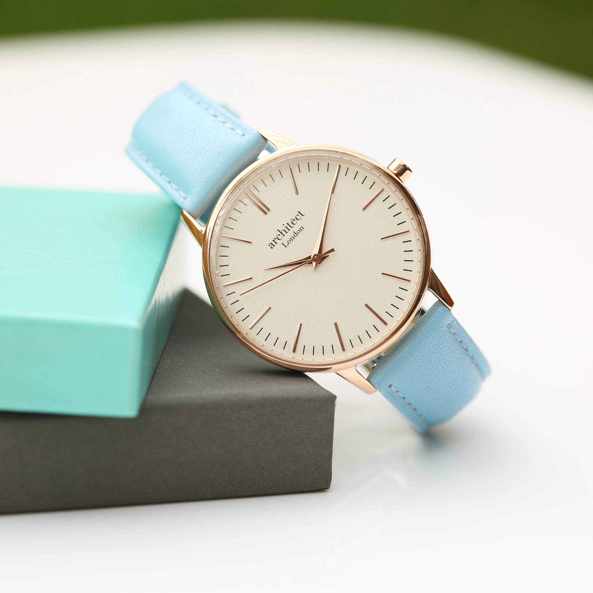 Ladies ArchitÄ“ct Blanc - Modern Font Engraving + Light Blue Strap - Wear We Met