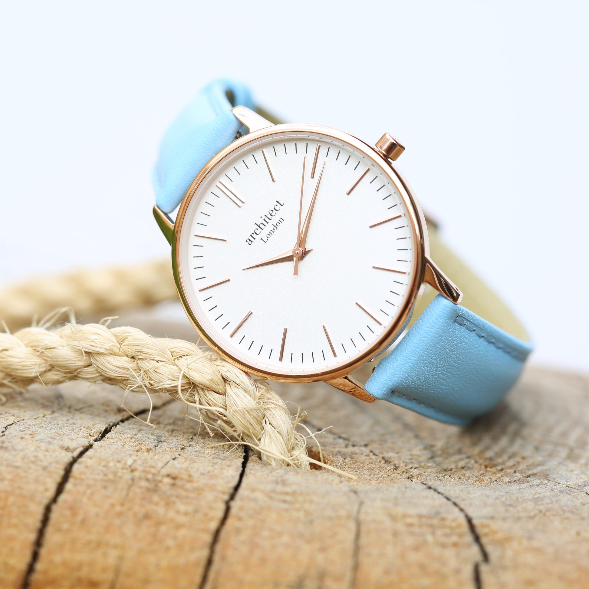 Ladies ArchitÄ“ct Blanc - Modern Font Engraving + Light Blue Strap - Wear We Met