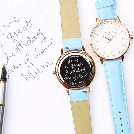 Ladies ArchitÄ“ct Blanc - Handwriting Engraving + Light Blue Strap - Wear We Met