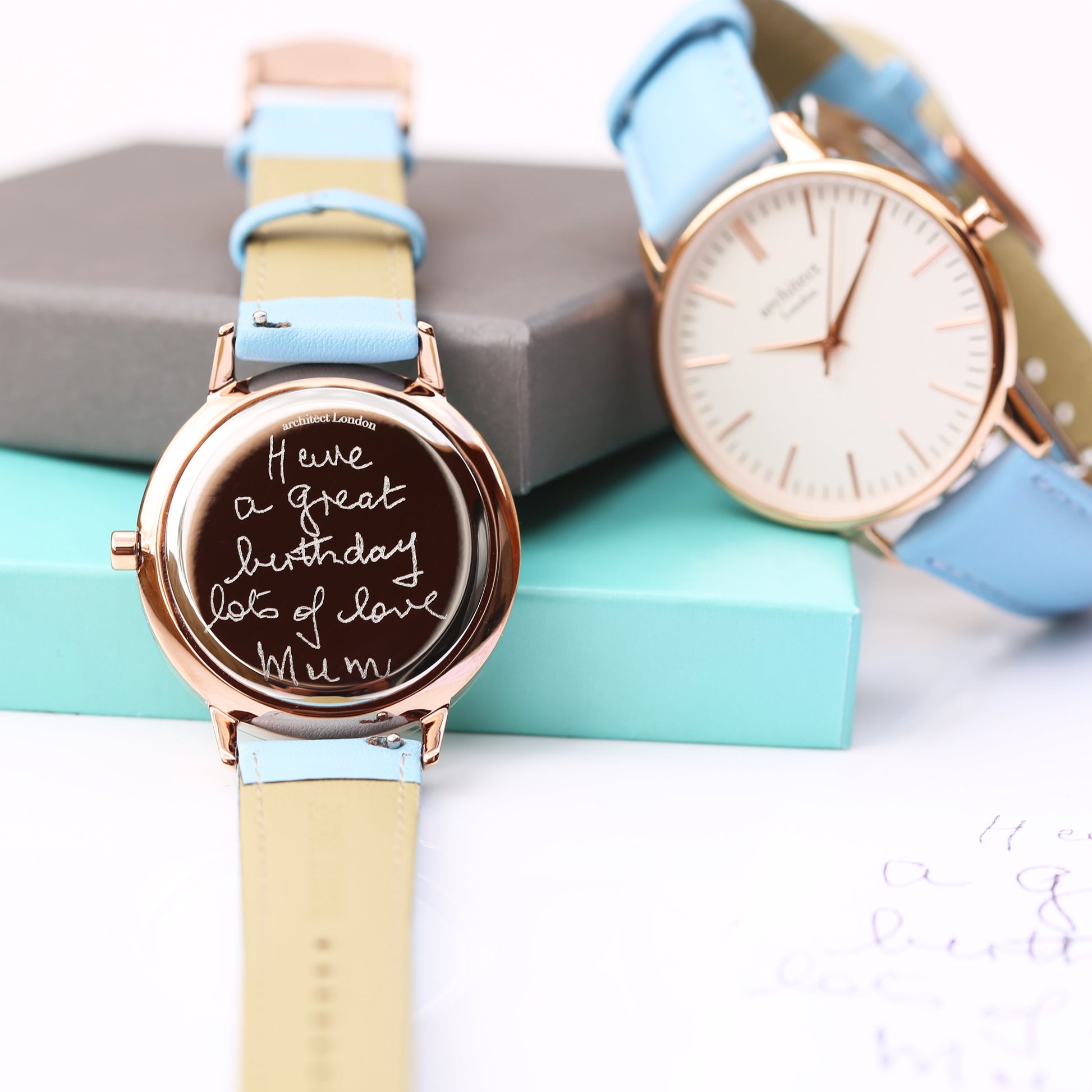 Ladies ArchitÄ“ct Blanc - Handwriting Engraving + Light Blue Strap - Wear We Met