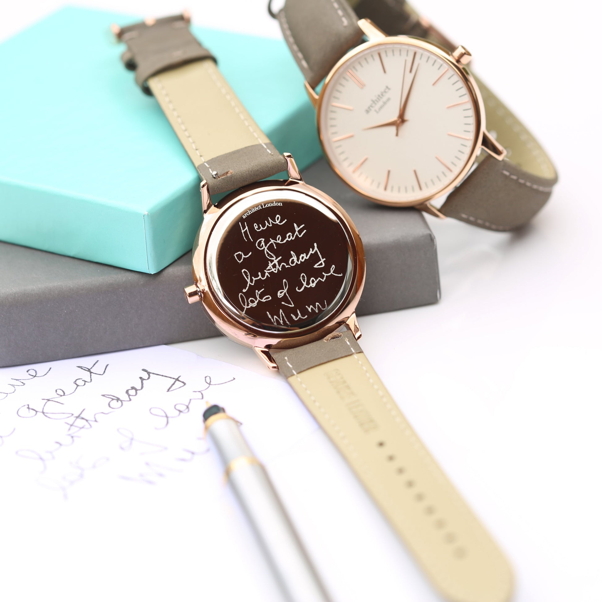 Ladies ArchitÄ“ct Blanc - Handwriting Engraving + Light Grey Strap - Wear We Met
